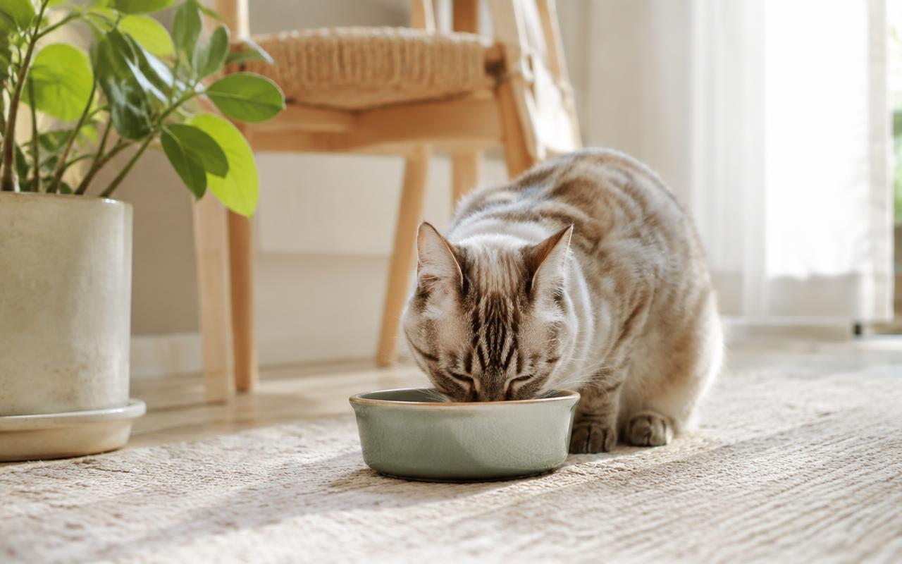 Katt som spiser fra en grønn keramikkskål i et lyst hjem