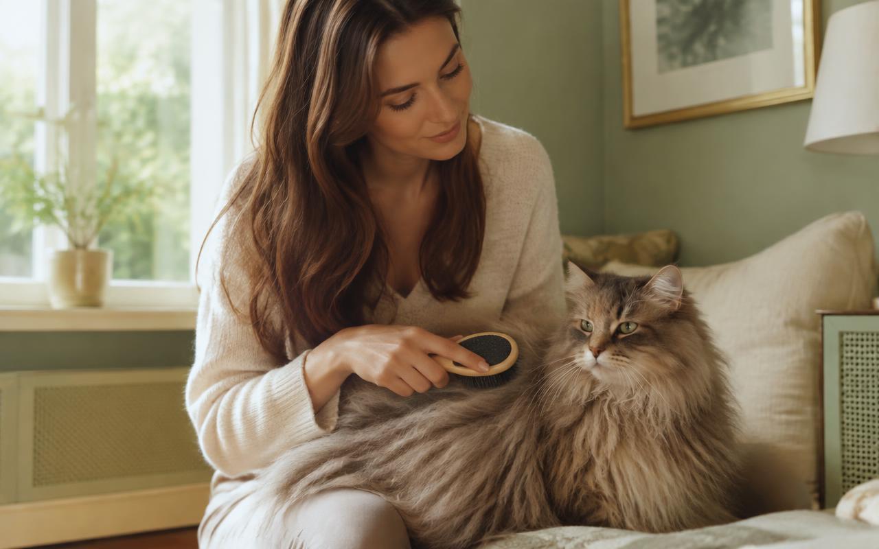 Person som børster en langhåret katt i sofaen
