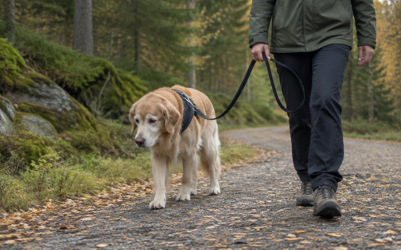 Hund som går rolig i bånd på en skogsvei i høstlys