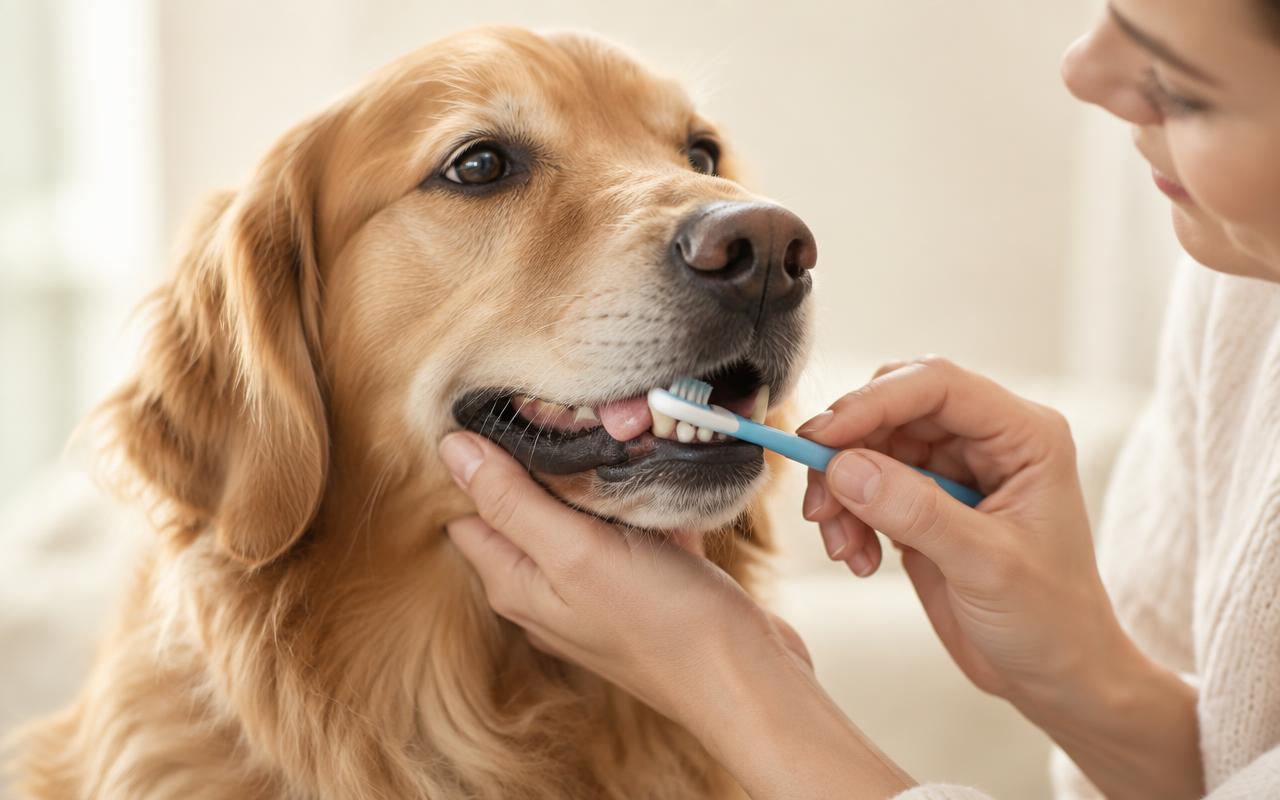 Person som pusser tennene på en golden retriever med en liten tannbørste